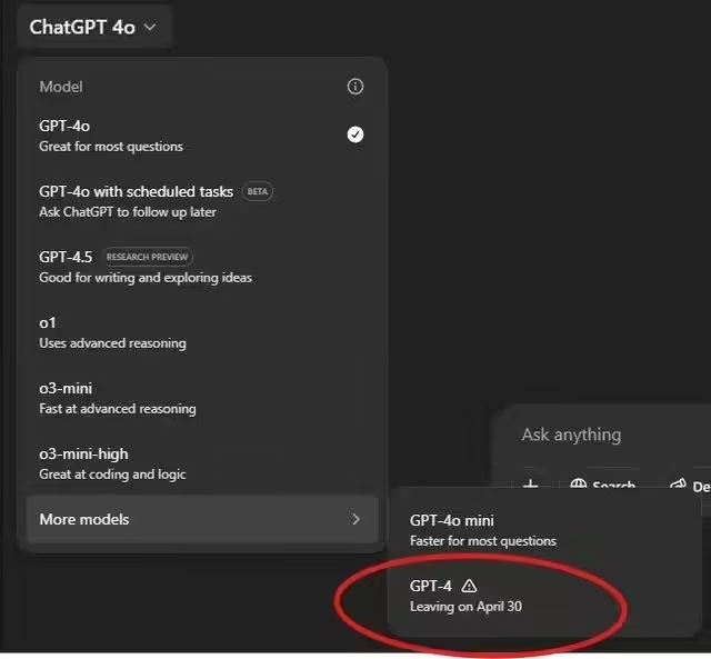 d59776b7j00sulbed002qd000hs00ghp OpenAI 宣布 ChatGPT 自 4 月 30 日起停用 GPT-4 模型,全面升级至 4o 版本
