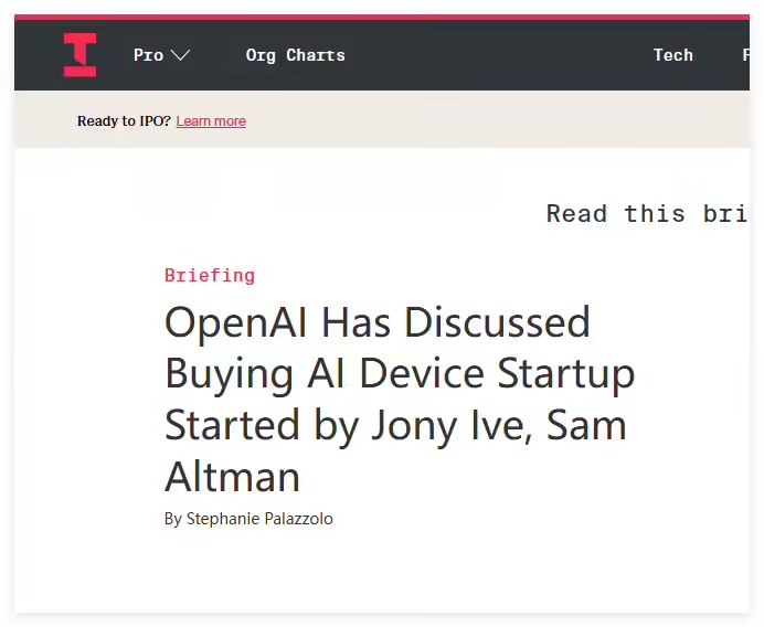 054aeddej00subvhf004dd000j800fsp 消息称 OpenAI 考虑收购 AI 设备初创公司 io Products,后者由 Jony Ive 与 Sam Altman 共同创立
